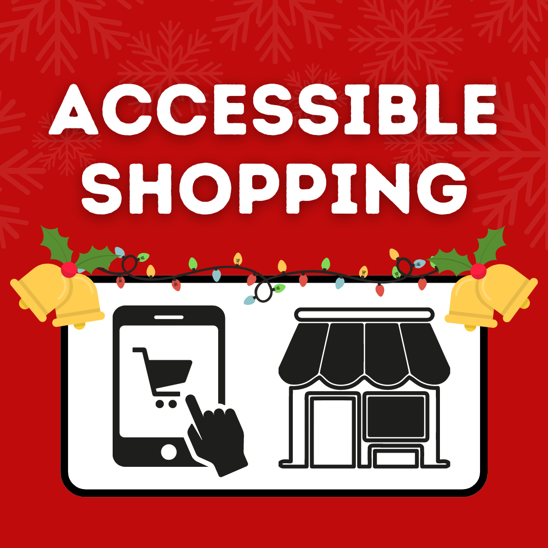 Accessible Shopping. Mobile phone with a shopping cart icon next to a brick and mortar store.
